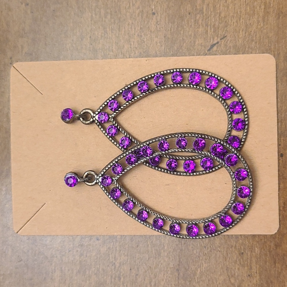 Purple Rhinestone Teardrop Earrings - Picture 1 of 4